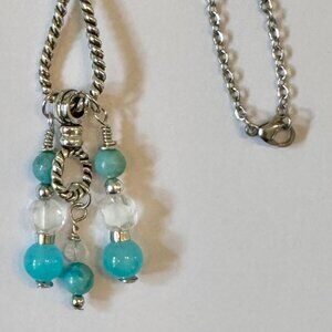 Necklace handmade 3 tier dangle silver tone turquoise & clear glass/beads OOAK